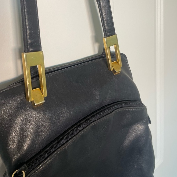 VINTAGE 80s 90s Tempo Design Black Leather Bag Gold Hinge Hardware - Picture 14 of 15